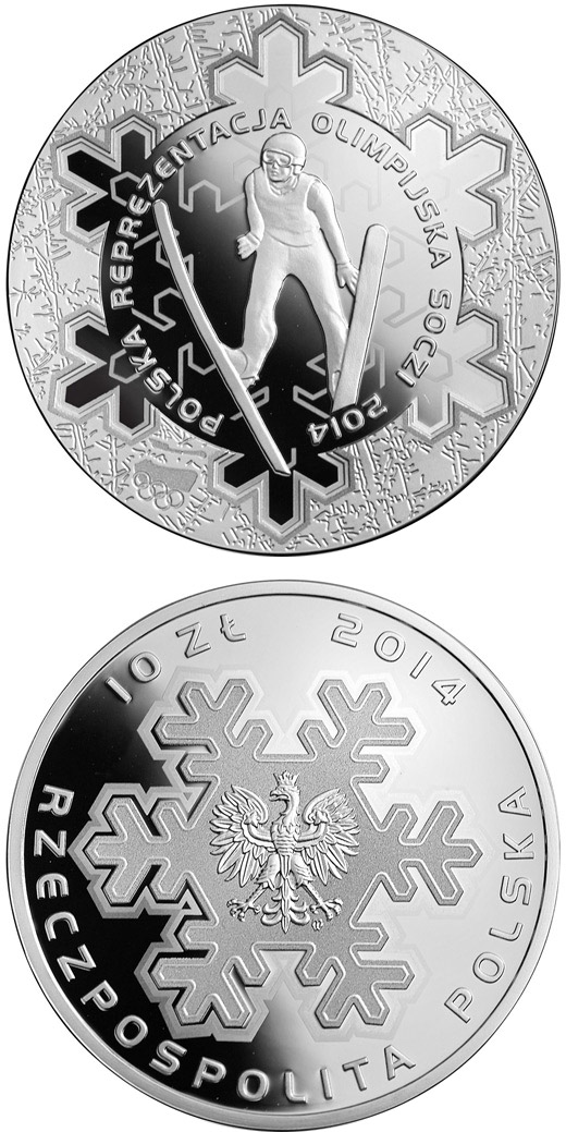 Image of 10 zloty coin - Polish Olympic Team Sochi 2014 | Poland 2014.  The Silver coin is of Proof quality.