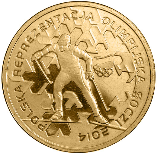 Image of 2 zloty coin - Polish Olympic Team Sochi 2014 | Poland 2014.  The Nordic gold (CuZnAl) coin is of UNC quality.