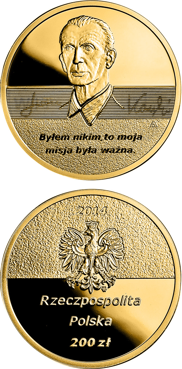 Image of 200 zloty coin - Centenary of the birth of Jan Karski  | Poland 2014.  The Gold coin is of Proof quality.