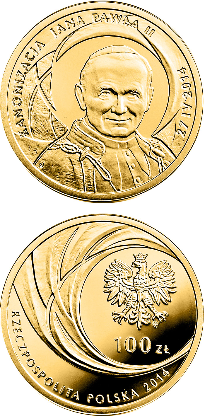 Image of 100 zloty coin - Canonisation of John Paul II, 27 IV 2014 | Poland 2014.  The Gold coin is of Proof quality.