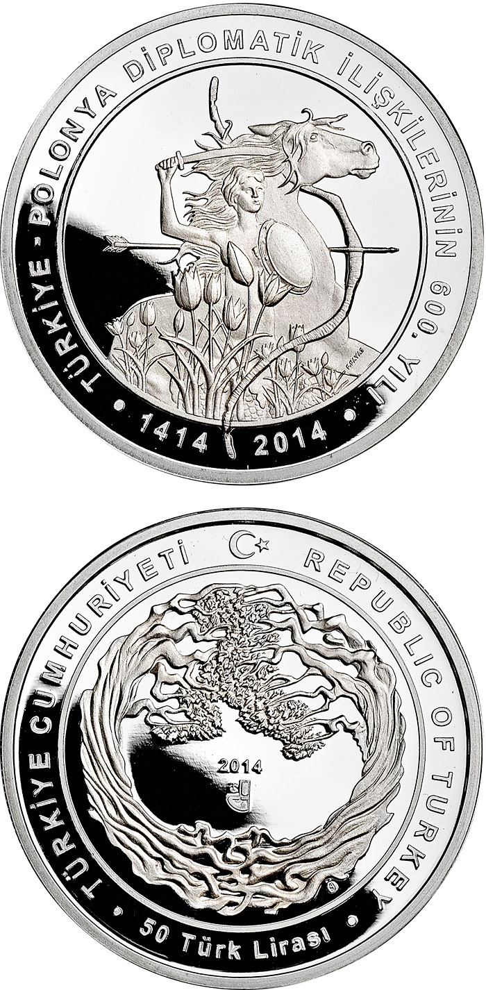 Image of 50 TRY coin - 600 years of Polish-Turkish diplomatic relations  | Poland 2014.  The Silver coin is of Proof quality.