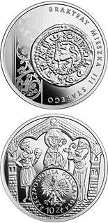 Image of 10 zloty coin - History of Polish Coin – Mieszko the Elder – bracteate  | Poland 2014.  The Silver coin is of Proof quality.