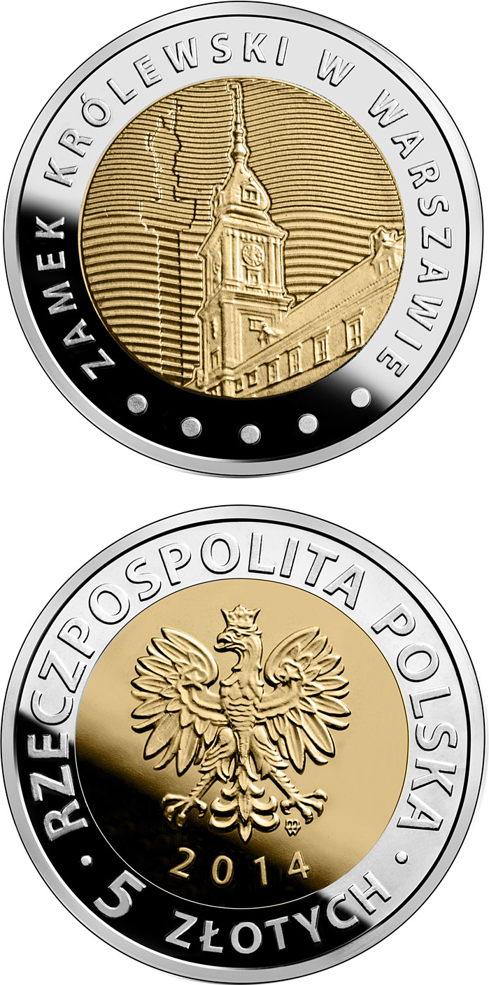 Image of 5 zloty coin - The Royal Castle in Warsaw  | Poland 2014.  The Bimetal: CuNi, nordic gold coin is of UNC quality.