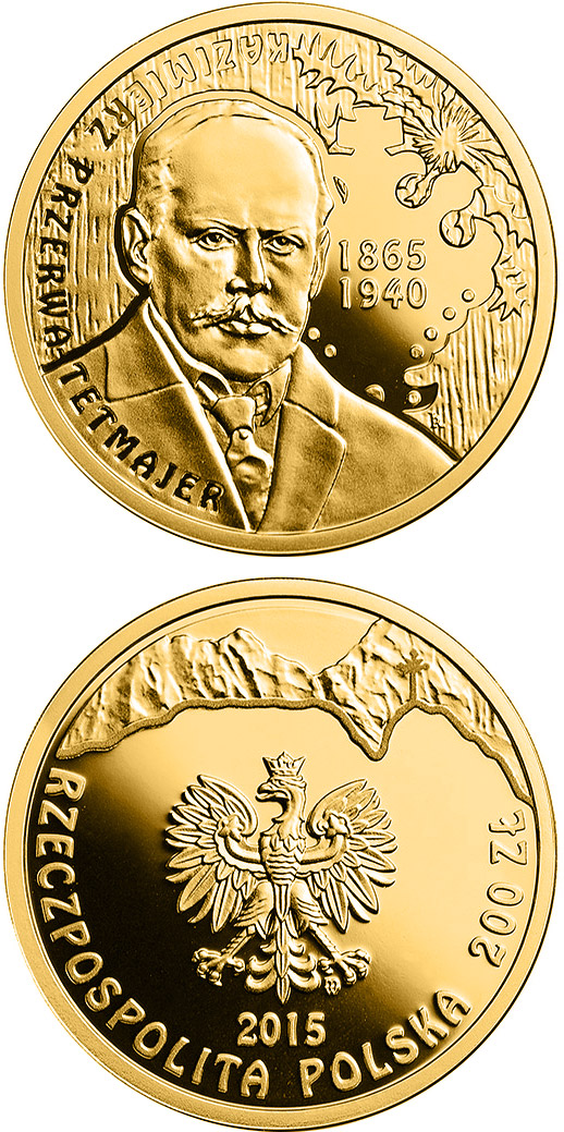 Image of 200 zloty coin - 150th Anniversary of the Birth of Kazimierz Przerwa-Tetmajer | Poland 2015.  The Gold coin is of Proof quality.
