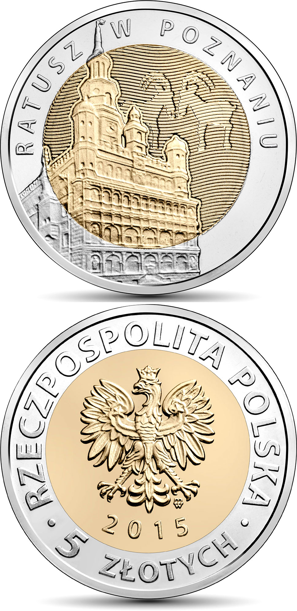 Image of 5 zloty coin - Poznań Town Hall  | Poland 2015.  The Bimetal: CuNi, nordic gold coin is of UNC quality.