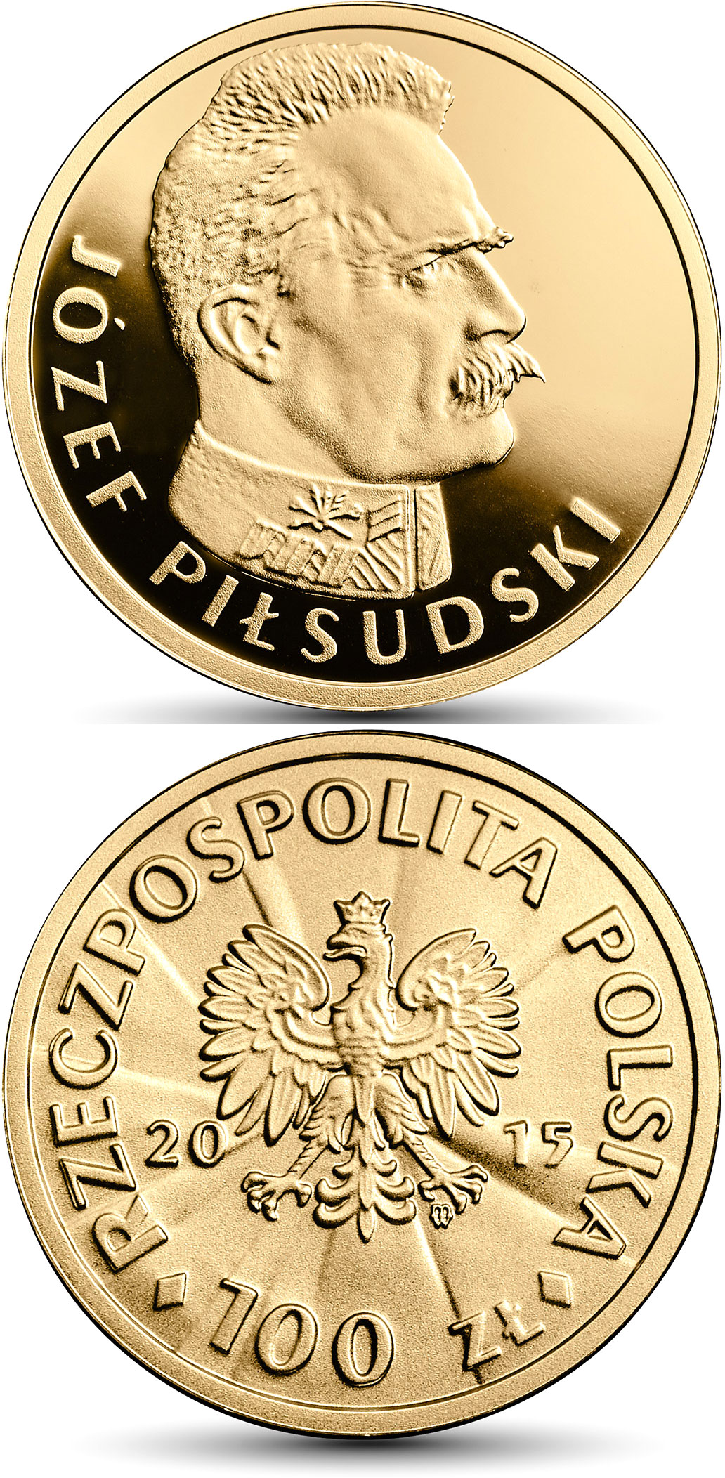 Image of 100 zloty coin - 100th Anniversary of Regaining Independence by Poland – Józef Piłsudski | Poland 2015.  The Gold coin is of Proof quality.