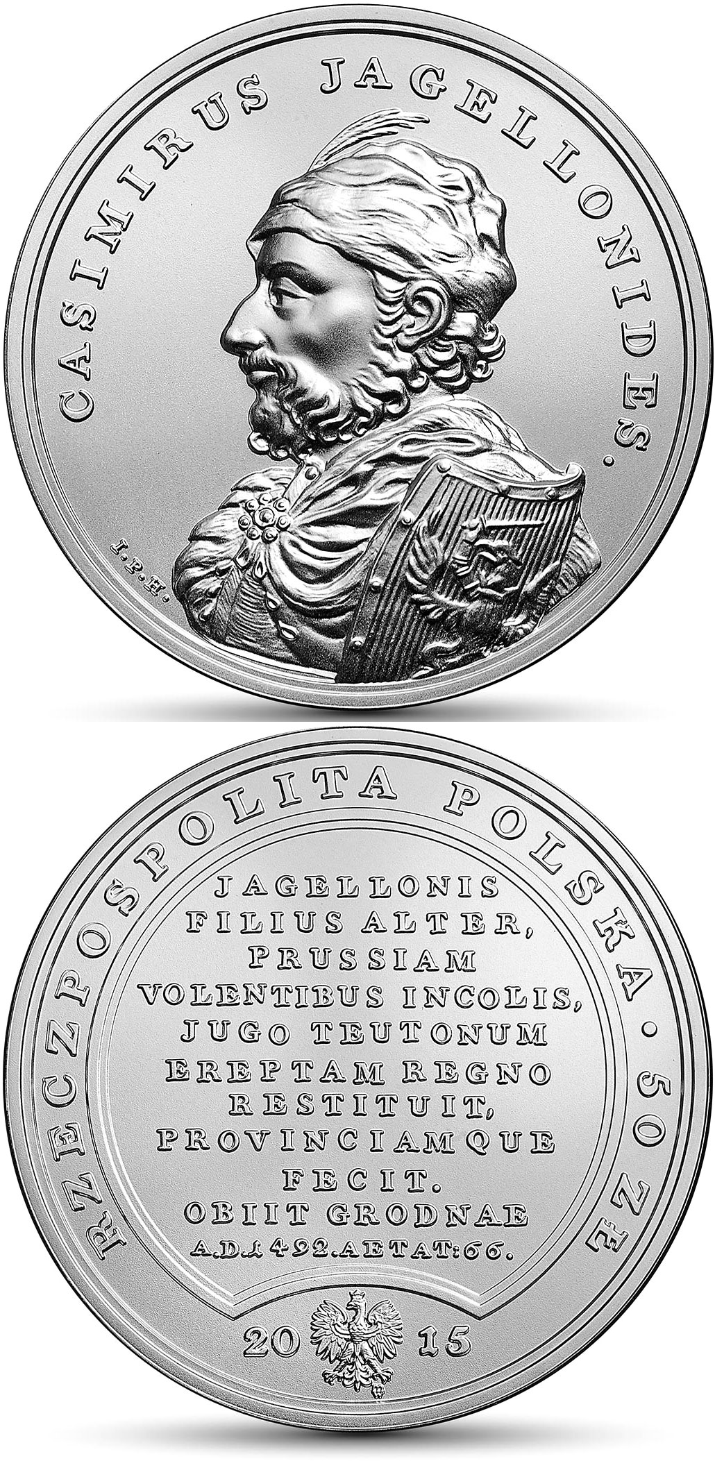 Image of 50 zloty coin - Casimir Jagielloni  | Poland 2015.  The Silver coin is of Proof quality.