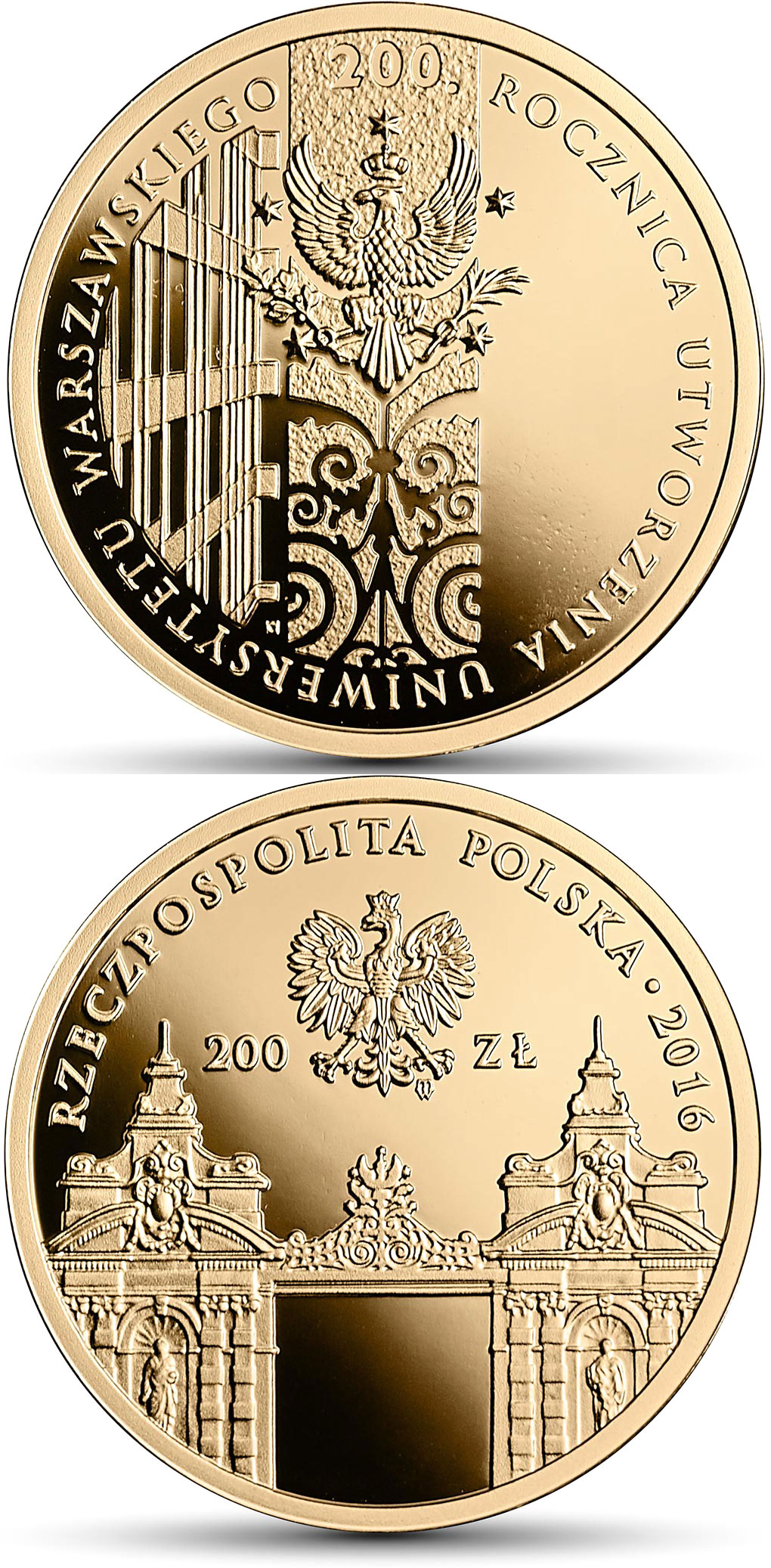 Image of 200 zloty coin - 200th Anniversary of the Establishment of the University of Warsaw | Poland 2016.  The Gold coin is of Proof quality.