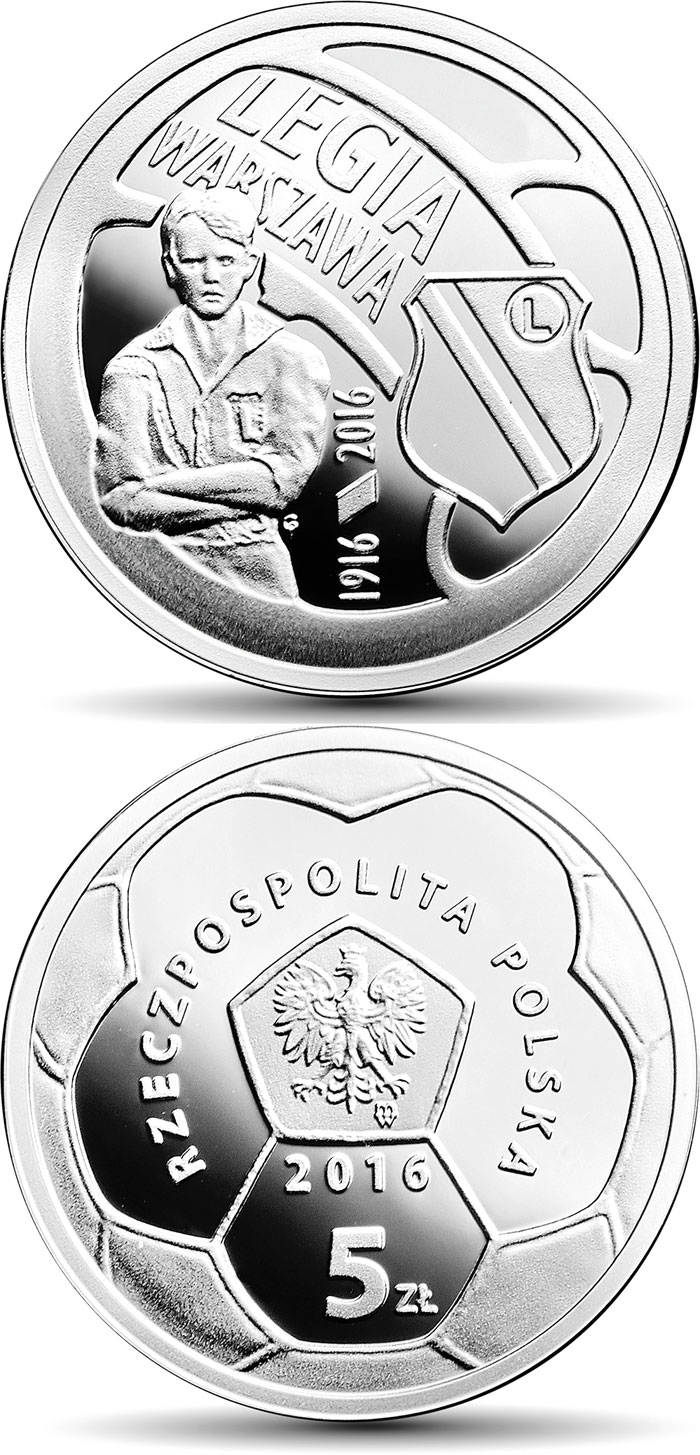 Image of 5 zloty coin - Legia Warszawa | Poland 2016.  The Silver coin is of Proof quality.
