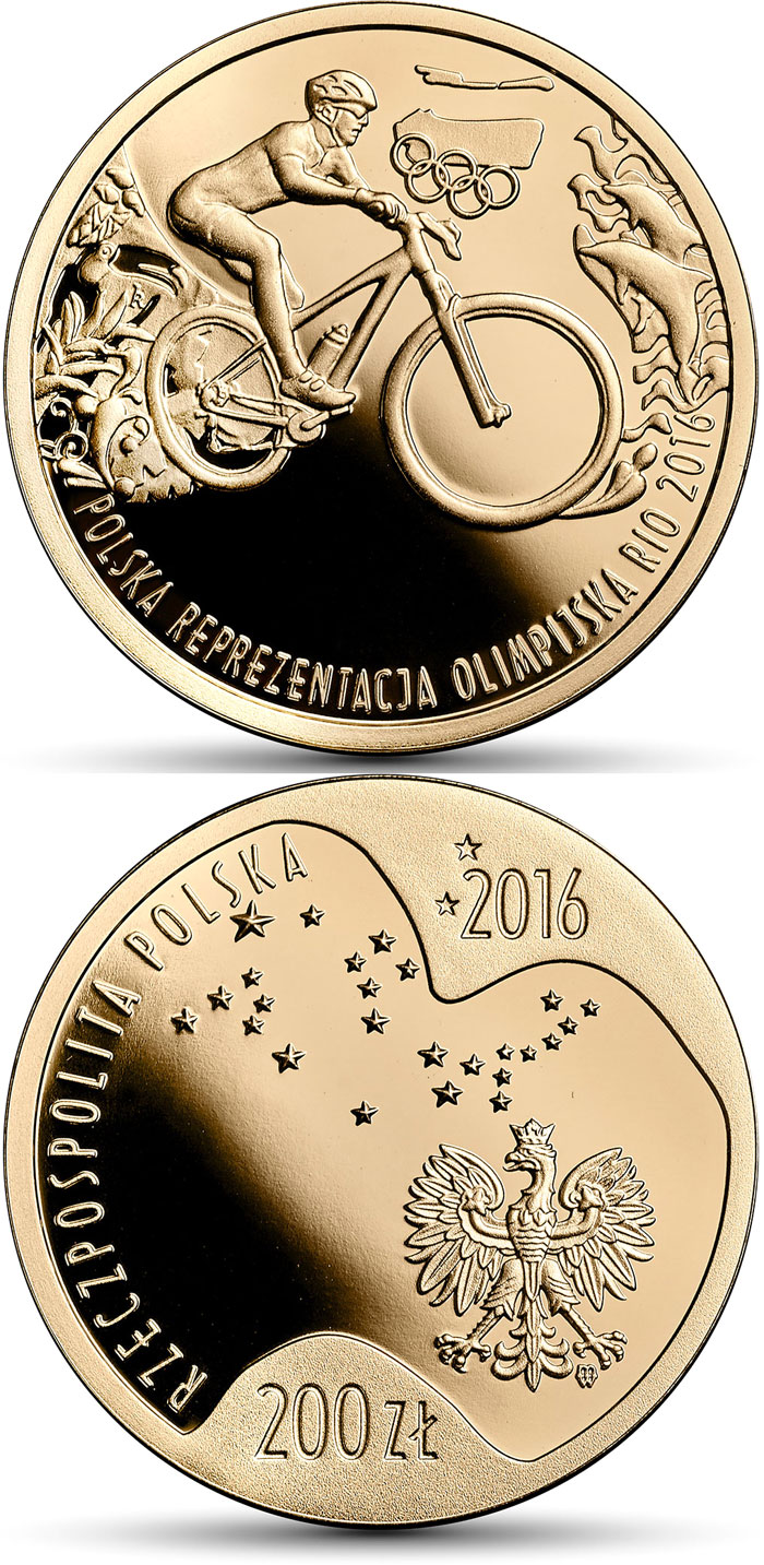 Image of 200 zloty coin - Polish Olympic Team – Rio de Janeiro 2016 | Poland 2016.  The Gold coin is of Proof quality.