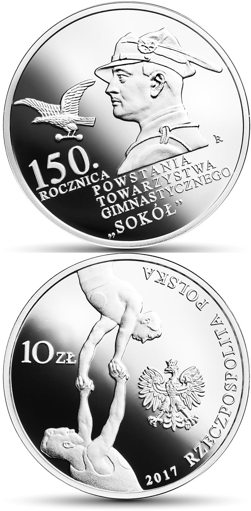 Image of 10 zloty coin - 150th Anniversary of the Establishment of the Gymnastic Society Sokół  | Poland 2017.  The Silver coin is of Proof quality.