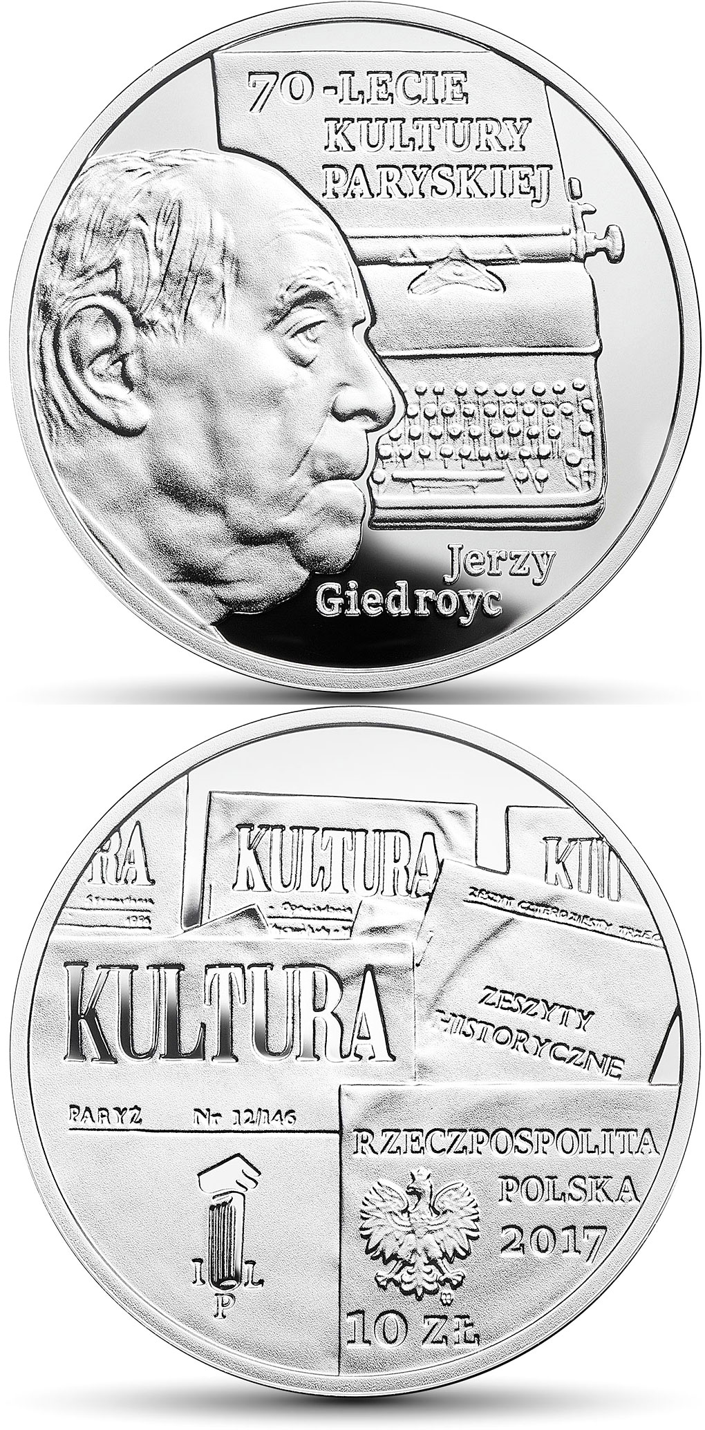Image of 10 zloty coin - 70th Anniversary of ”Kultura Paryska” Magazine | Poland 2017.  The Silver coin is of Proof quality.