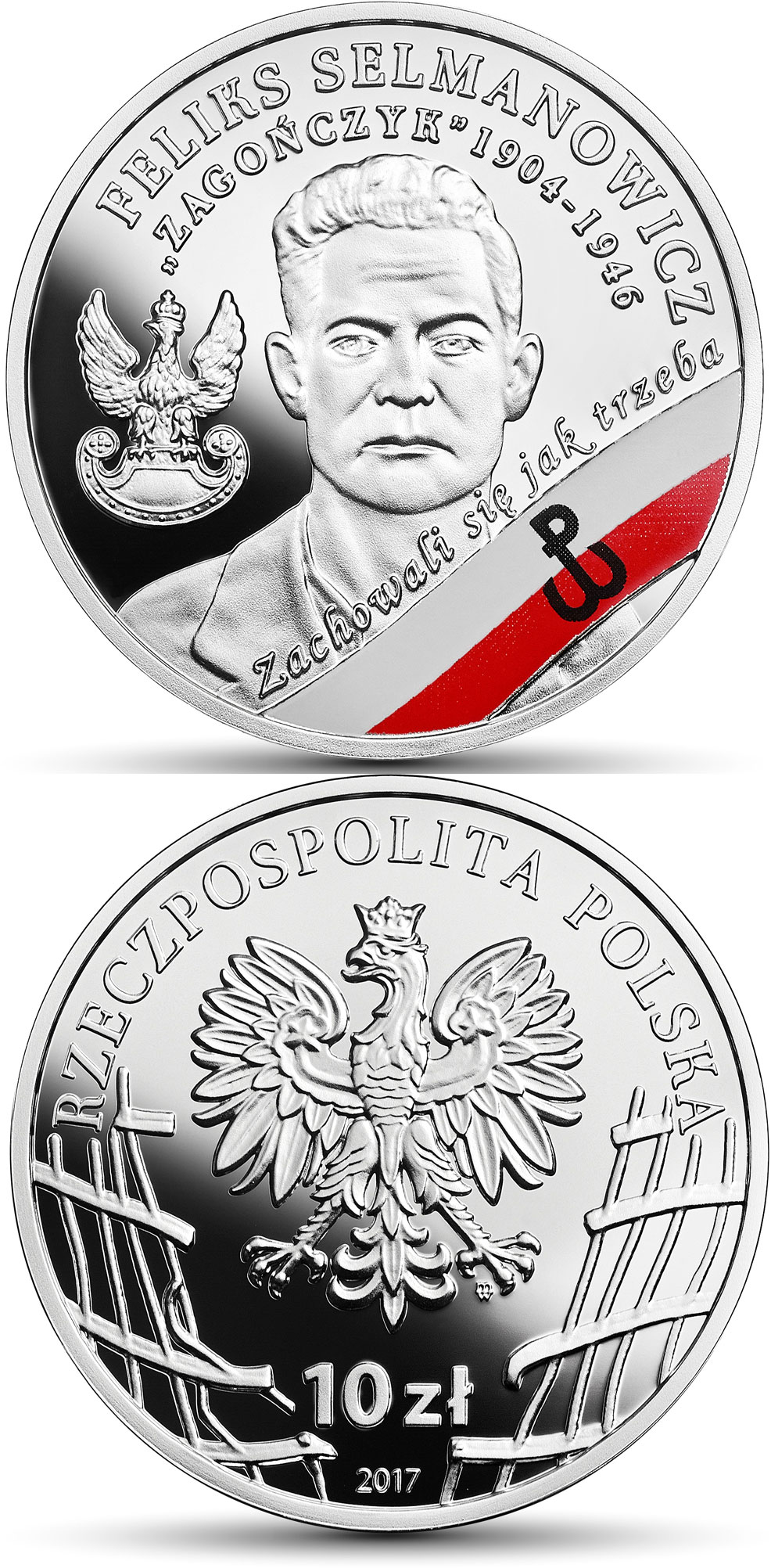 Image of 10 zloty coin - Feliks Selmanowicz alias Zagończyk  | Poland 2017.  The Silver coin is of Proof quality.