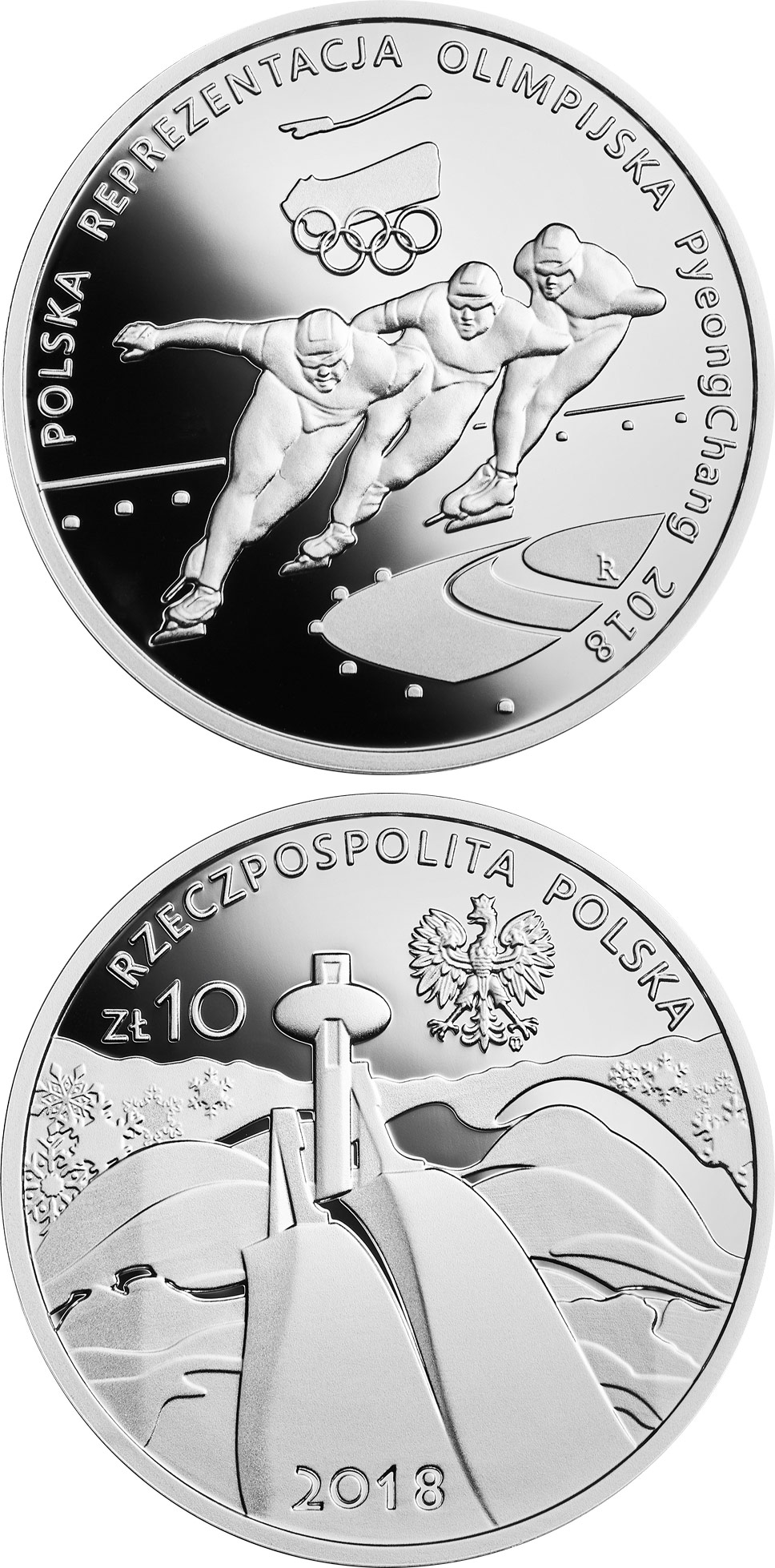 Image of 10 zloty coin - Polish Olympic Team – PyeongChang 2018 | Poland 2018.  The Silver coin is of Proof quality.