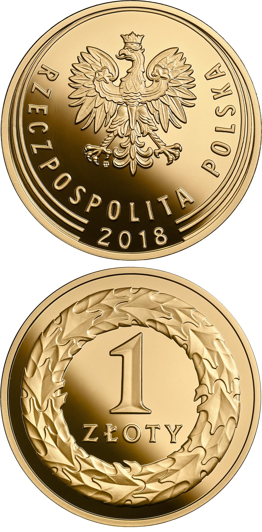 Image of 1 zloty coin - 100th Anniversary of Regaining Independence by Poland | Poland 2018.  The Gold coin is of Proof quality.