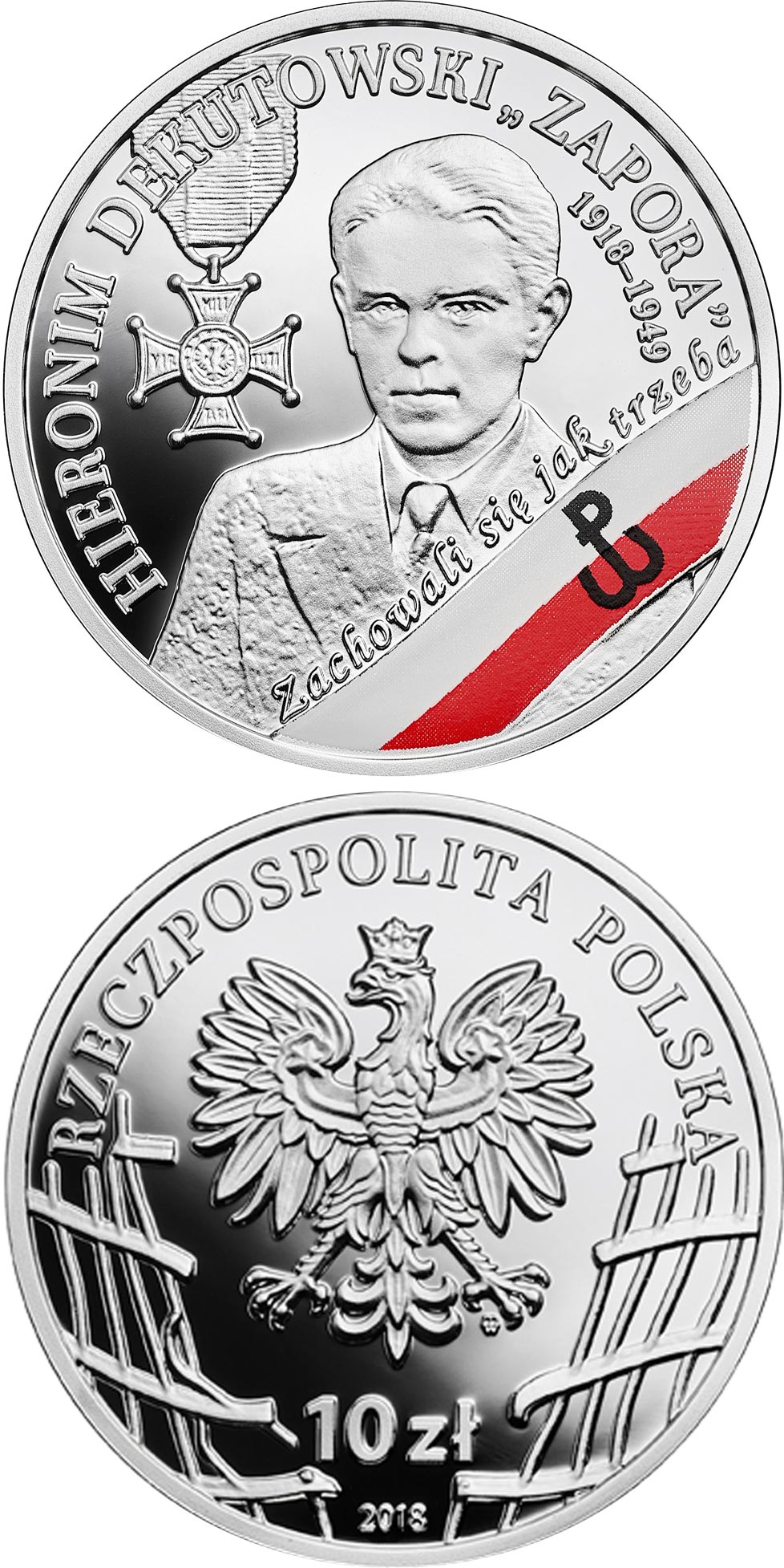 Image of 10 zloty coin - Hieronim Dekutowski alias Zapora | Poland 2018.  The Silver coin is of Proof quality.