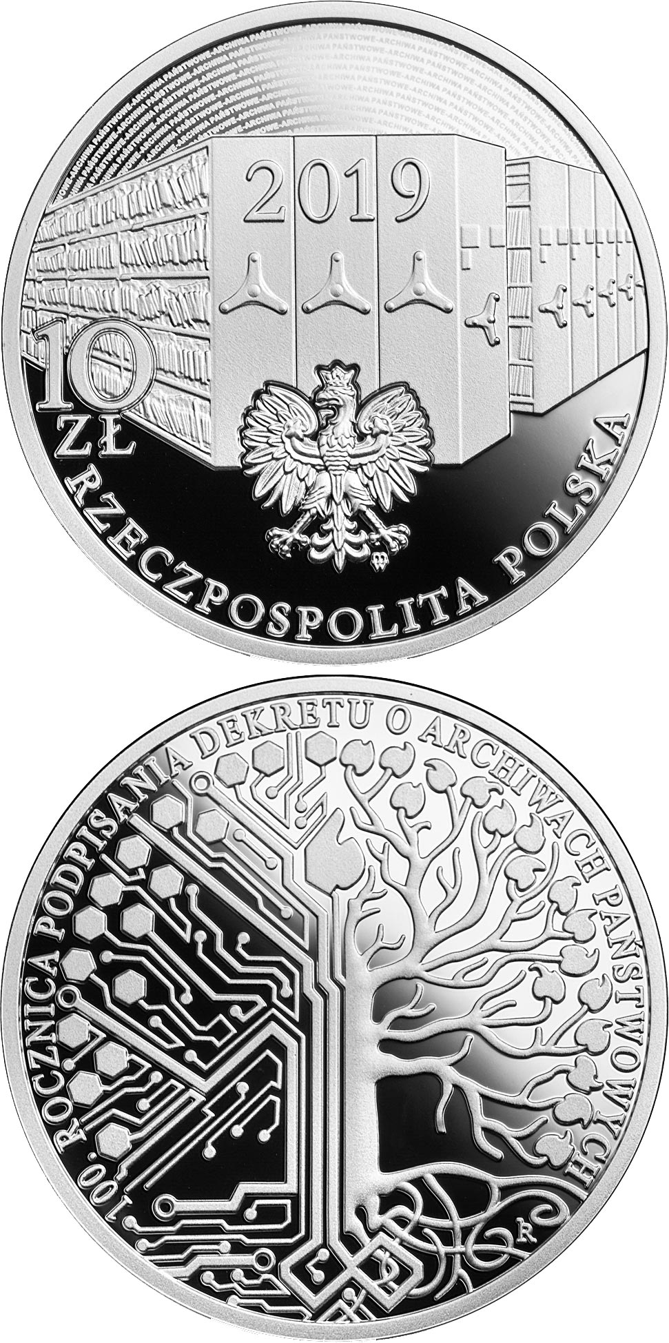 Image of 10 zloty coin - 100th Anniversary of the Signing of the State Archives Decree | Poland 2019.  The Silver coin is of Proof quality.