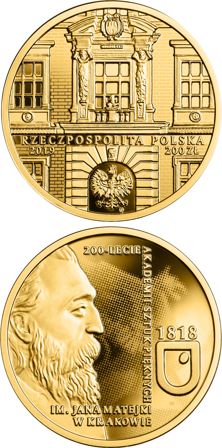 Image of 10 zloty coin - 200th Anniversary of the Jan Matejko Academy of Fine Arts in Kraków | Poland 2019.  The Gold coin is of Proof quality.