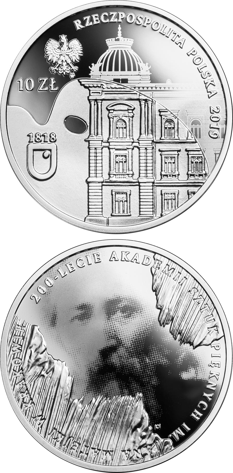 Image of 10 zloty coin - 200th Anniversary of the Jan Matejko Academy of Fine Arts in Kraków | Poland 2019.  The Silver coin is of Proof quality.