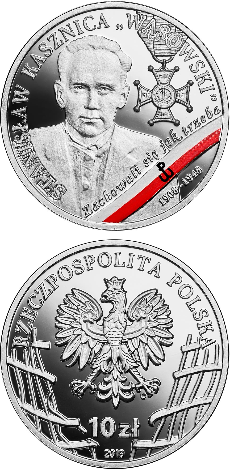 Image of 10 zloty coin - Stanisław Kasznica alias Wąsowski | Poland 2019.  The Silver coin is of Proof quality.