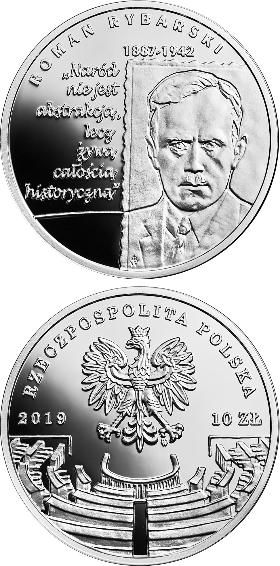 Image of 10 zloty coin - Roman Rybarski | Poland 2019.  The Silver coin is of Proof quality.