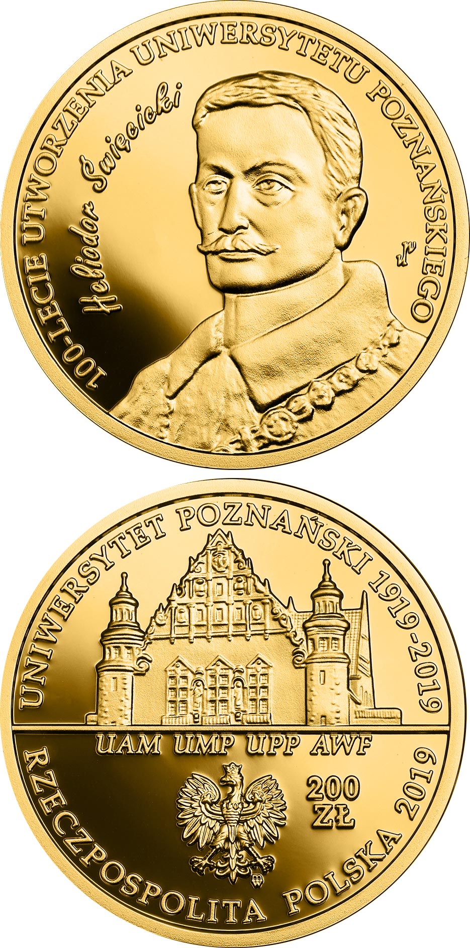 Image of 200 zloty coin - 100th Anniversary of the University of Poznań | Poland 2019.  The Gold coin is of Proof quality.