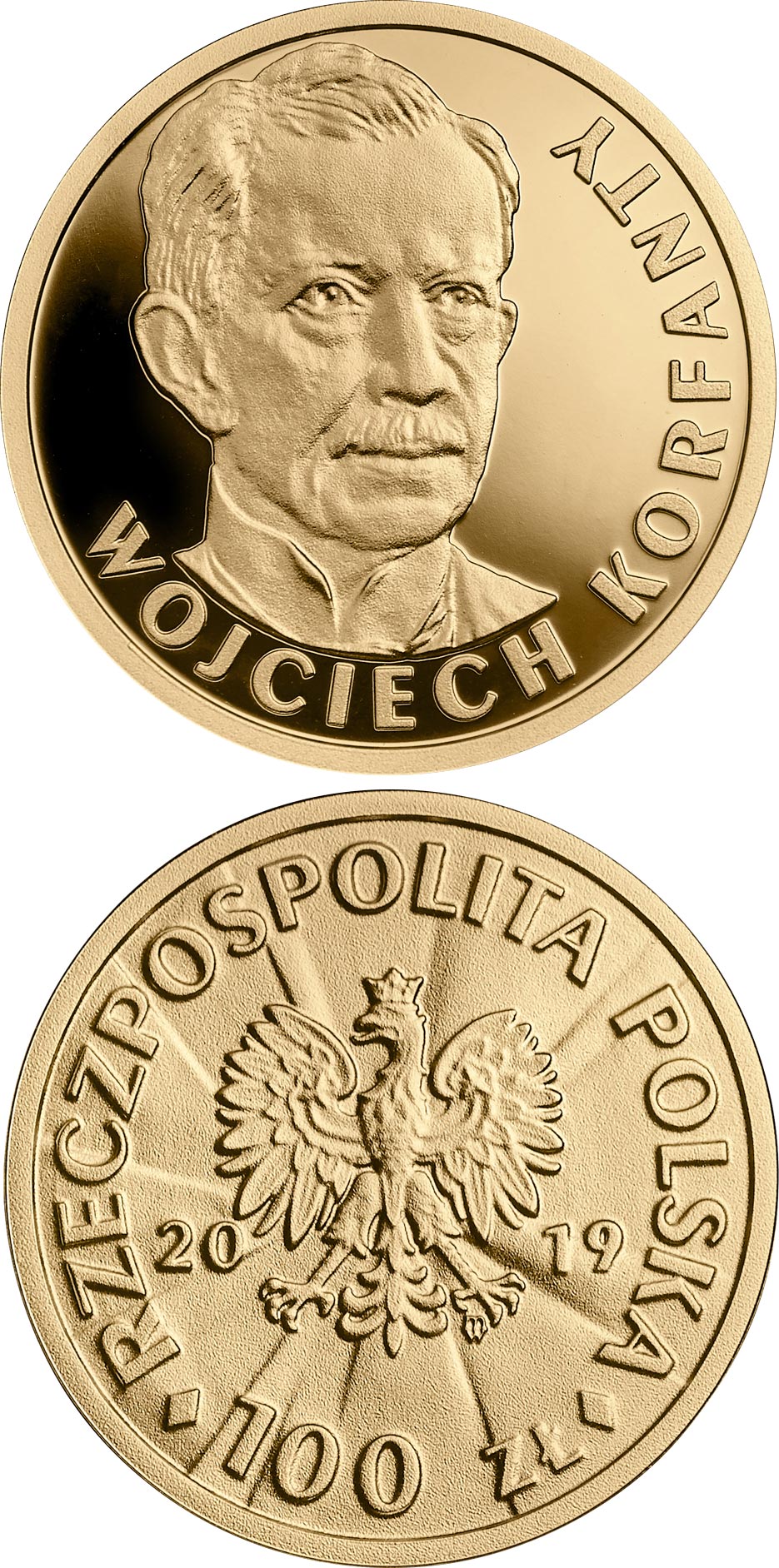 Image of 100 zloty coin - Wojciech Korfanty | Poland 2019.  The Gold coin is of Proof quality.