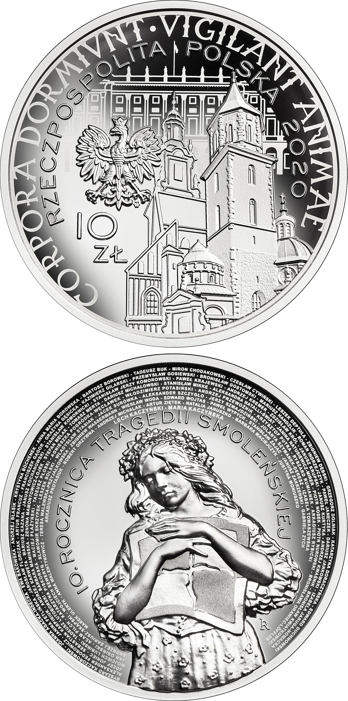 Image of 10 zloty coin - 10th Anniversary of the Smolensk Tragedy  | Poland 2020.  The Silver coin is of Proof quality.