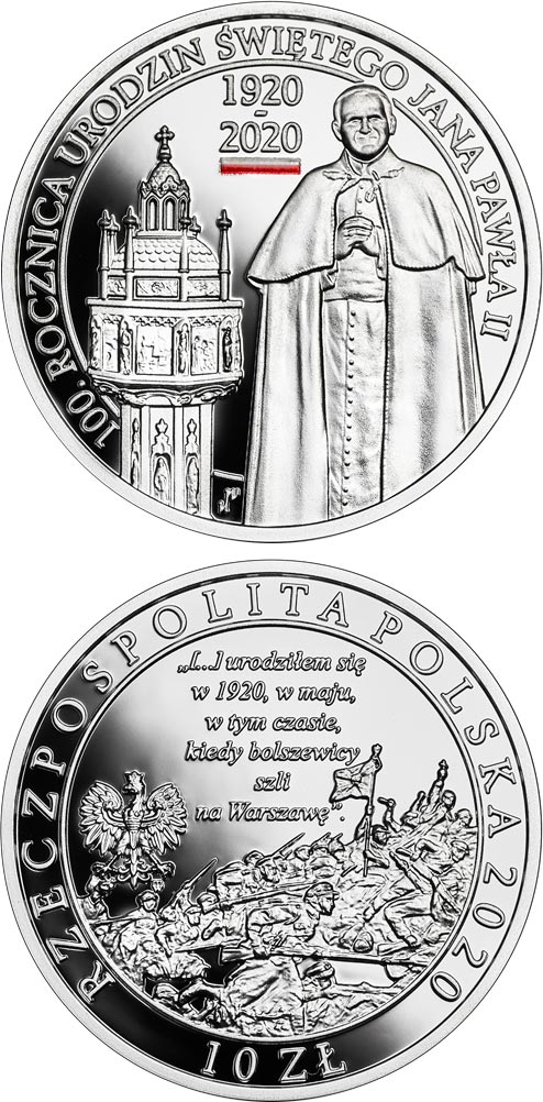 Image of 10 zloty coin - 100th Anniversary of the Birth of Saint John Paul II | Poland 2020.  The Silver coin is of Proof quality.