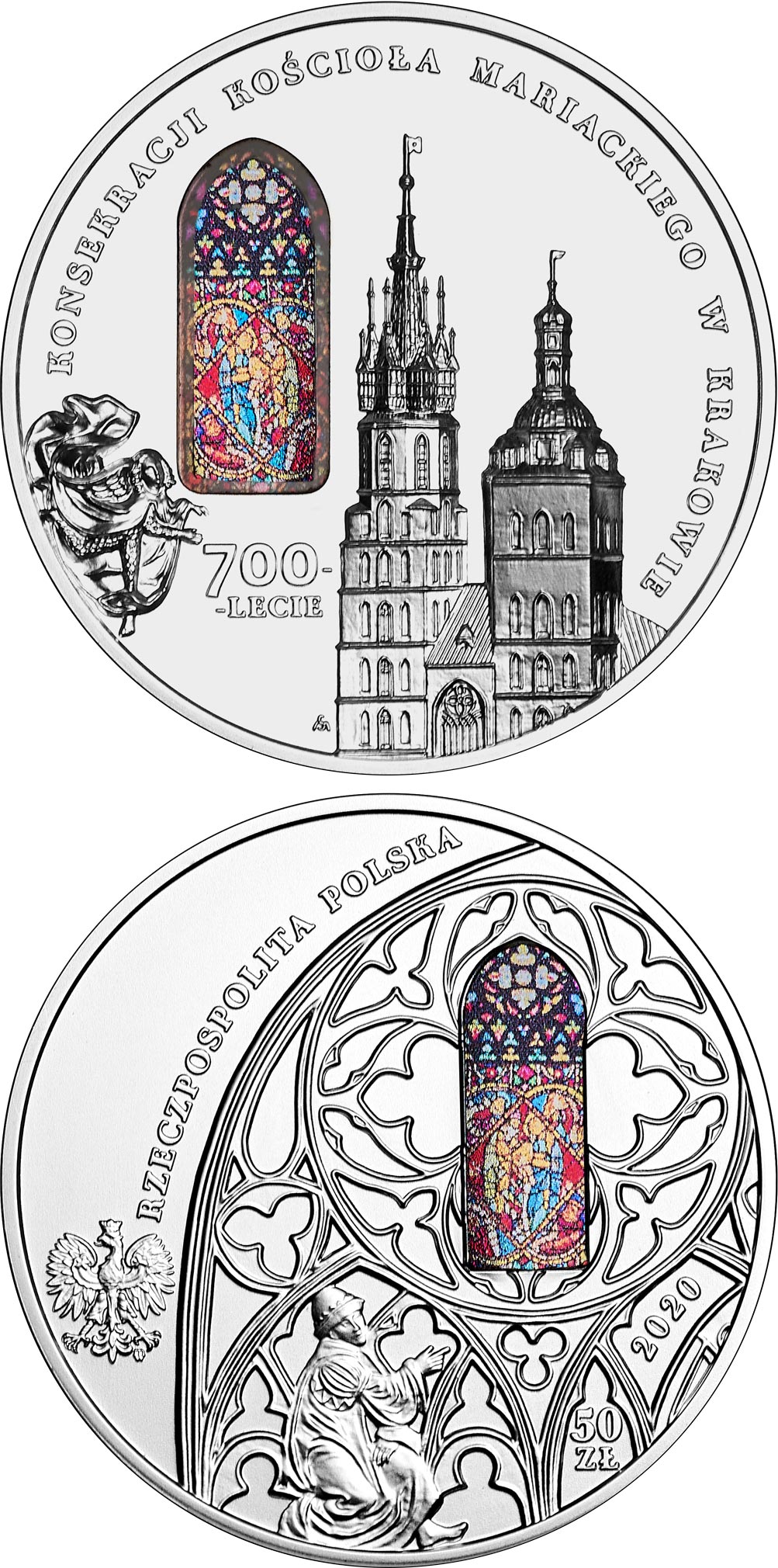 Image of 50 zloty coin - 700th Anniversary of the Consecration of St. Mary’s Basilica in Kraków | Poland 2020.  The Silver coin is of Proof quality.