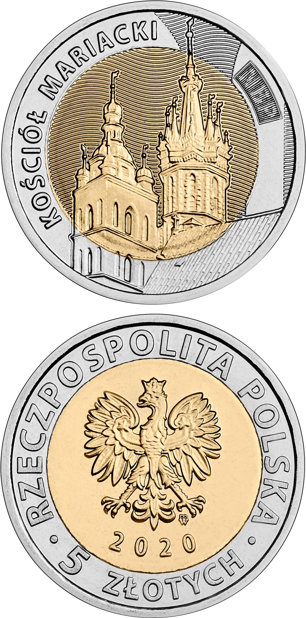 Image of 5 zloty coin - St. Mary’s Basilica | Poland 2020.  The Bimetal: CuNi, nordic gold coin is of UNC quality.