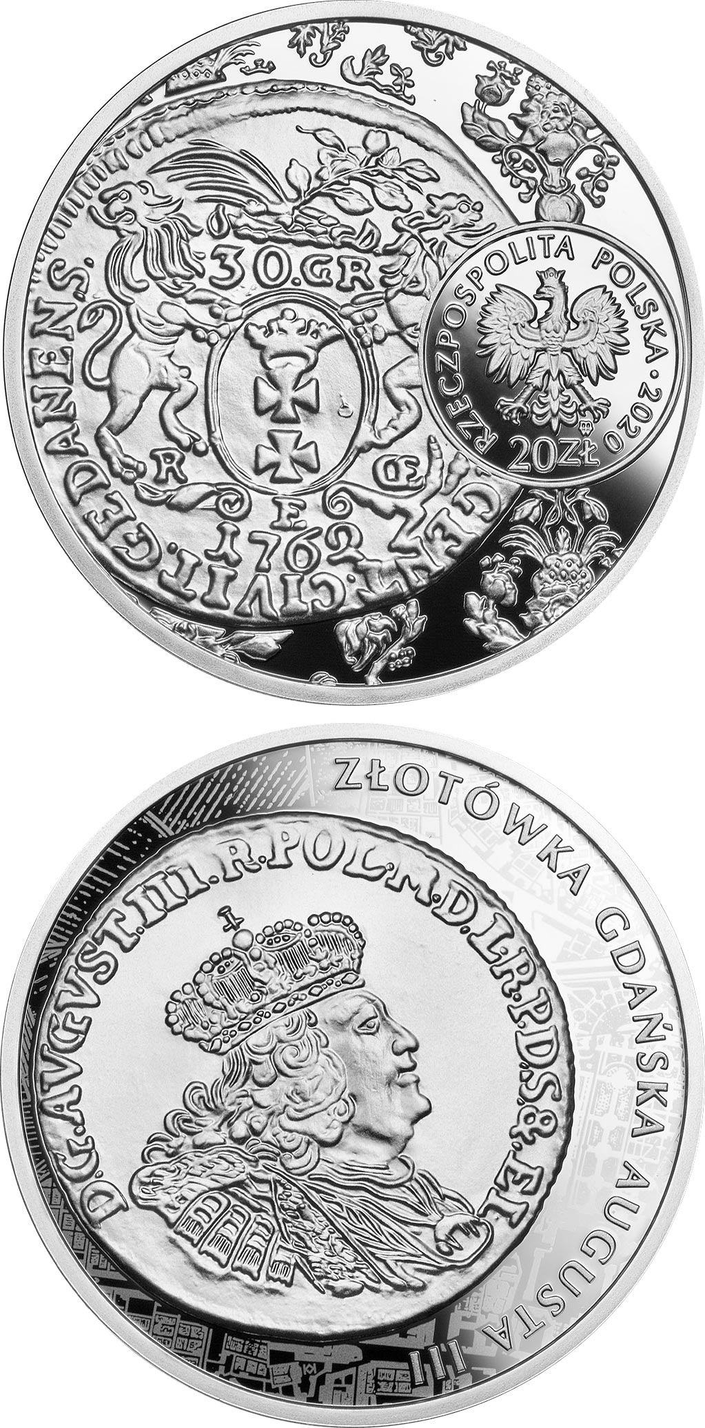 Image of 20 zloty coin - The Gdansk Złoty of Augustus III  | Poland 2020.  The Silver coin is of Proof quality.