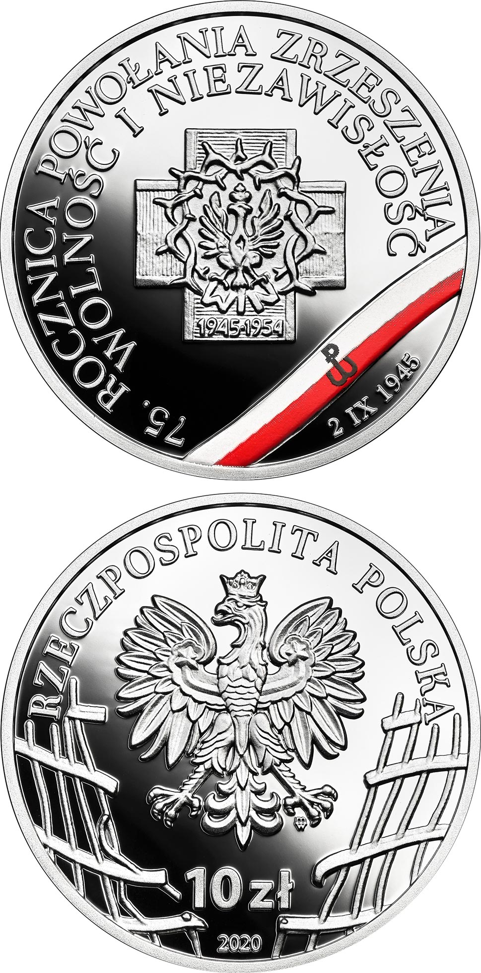 Image of 10 zloty coin - 75th Anniversary of the Freedom and Independence Association | Poland 2020.  The Silver coin is of Proof quality.