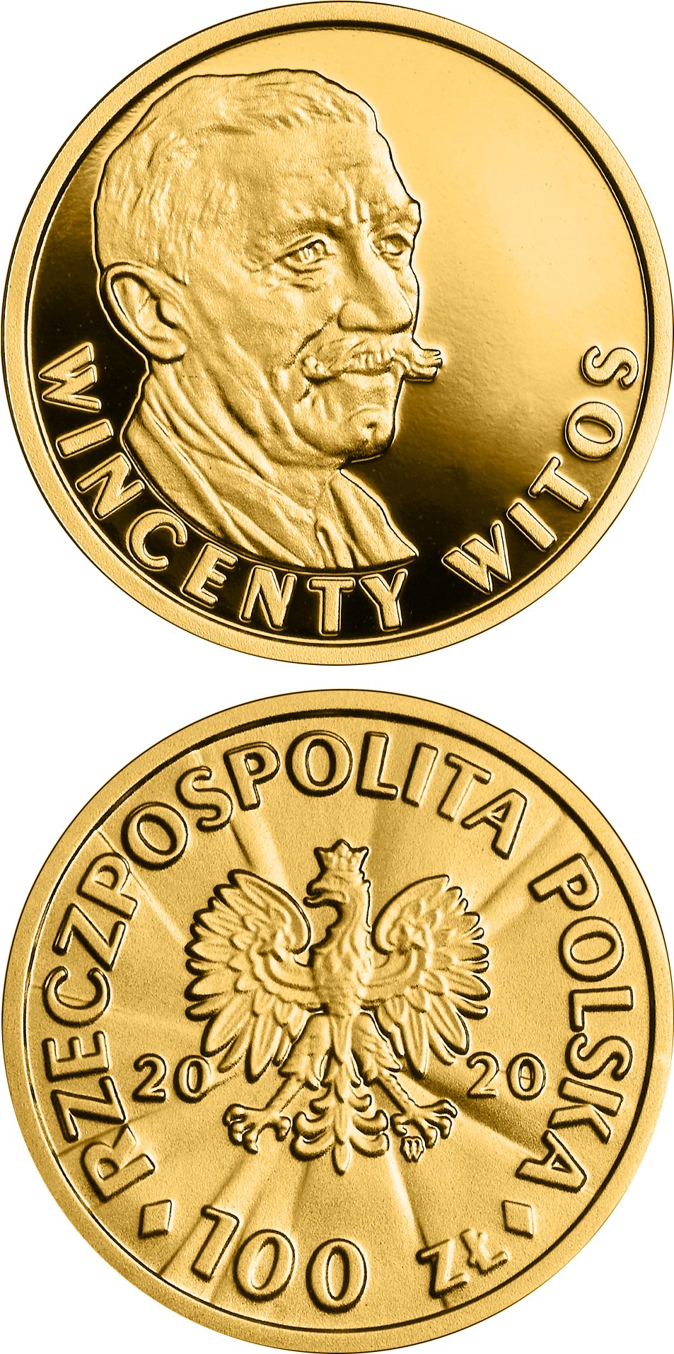 Image of 100 zloty coin - 100th Anniversary of Regaining Independence by Poland
– Wincenty Witos | Poland 2020.  The Gold coin is of Proof quality.