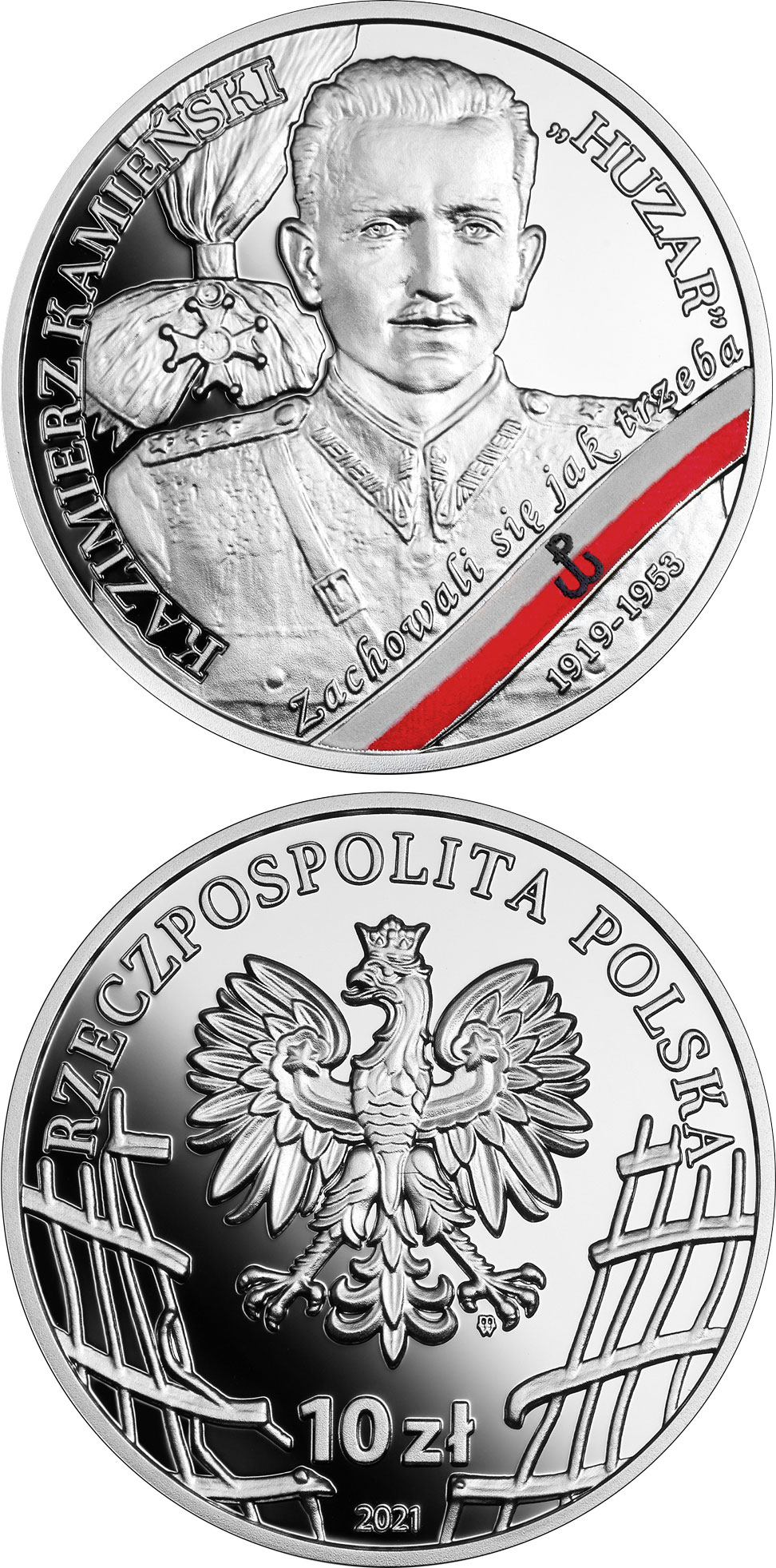 Image of 10 zloty coin - Kazimierz Kamieński - Huzar | Poland 2021.  The Silver coin is of Proof quality.