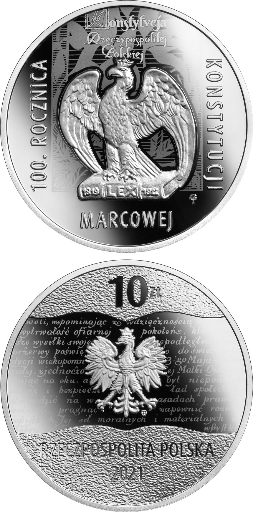 Image of 10 zloty coin - 100th Anniversary of the March Constitution | Poland 2021.  The Silver coin is of Proof quality.
