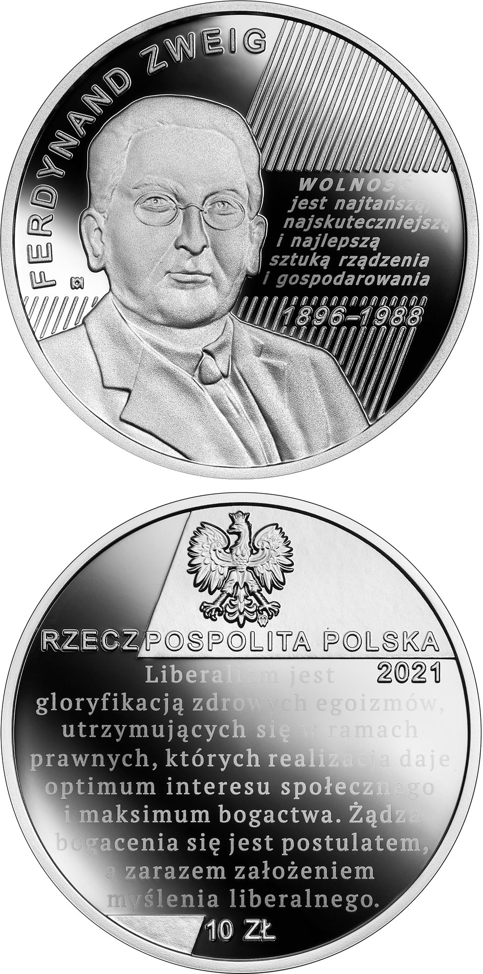 Image of 10 zloty coin - Ferdynand Zweig | Poland 2021.  The Silver coin is of Proof quality.