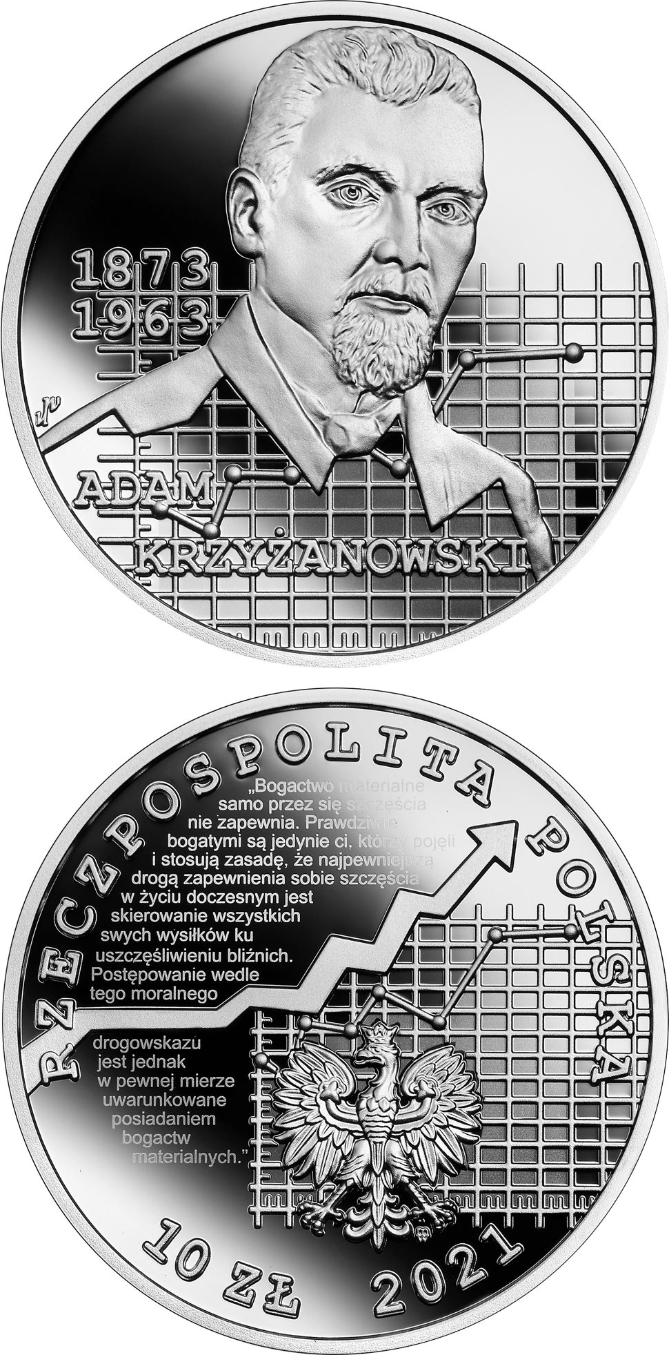 Image of 10 zloty coin - Adam Krzyżanowski | Poland 2021.  The Silver coin is of Proof quality.