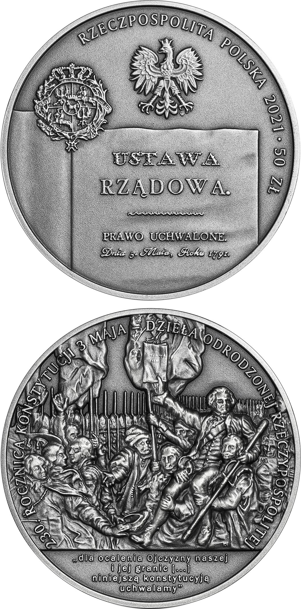 Image of 50 zloty coin -  230th Anniversary of the Constitution of 3 May 1791 – the magnum opus of the revived Polish - Lithuanian Commonwealth  | Poland 2021.  The Silver coin is of BU quality.