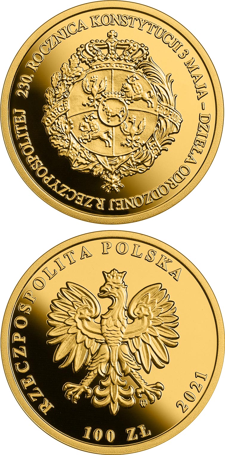 Image of 100 zloty coin - 230th Anniversary of the Constitution of 3 May 1791 – the magnum opus of the revived Polish - Lithuanian Commonwealth | Poland 2021.  The Gold coin is of Proof quality.