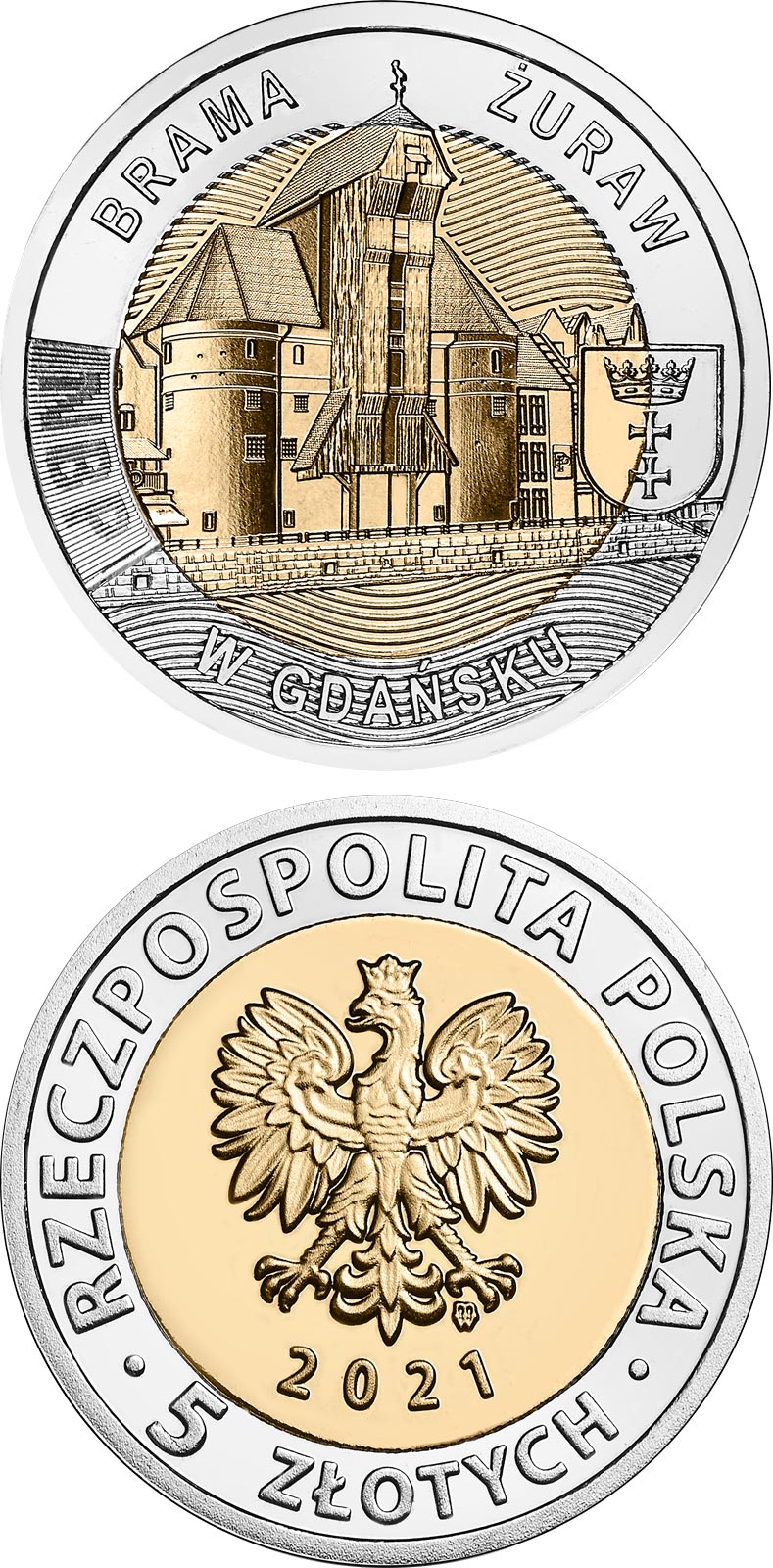 Image of 5 zloty coin - The Crane Gate in Gdańsk | Poland 2021.  The Bimetal: CuNi, nordic gold coin is of UNC quality.