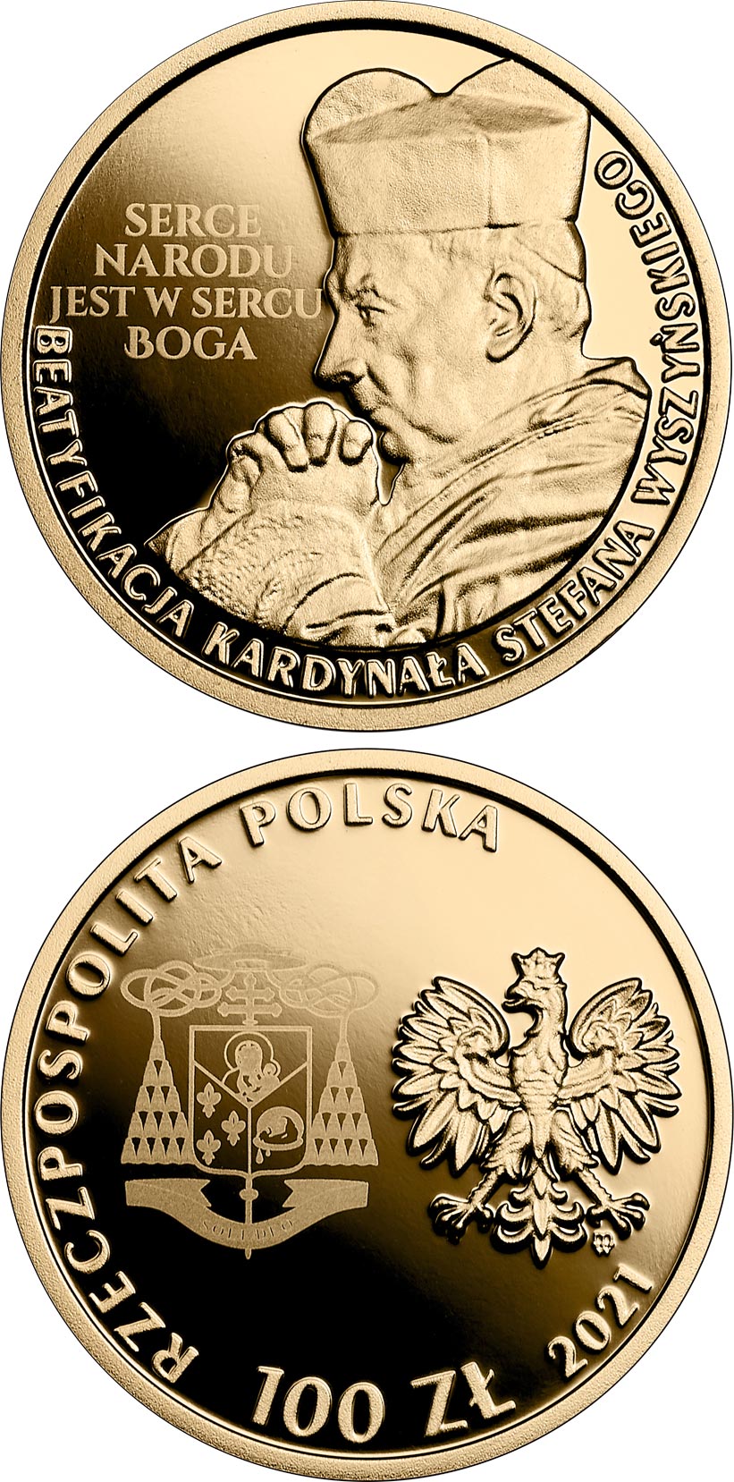 Image of 100 zloty coin - Beatification of Cardinal Stefan Wyszyński  | Poland 2021.  The Gold coin is of Proof quality.