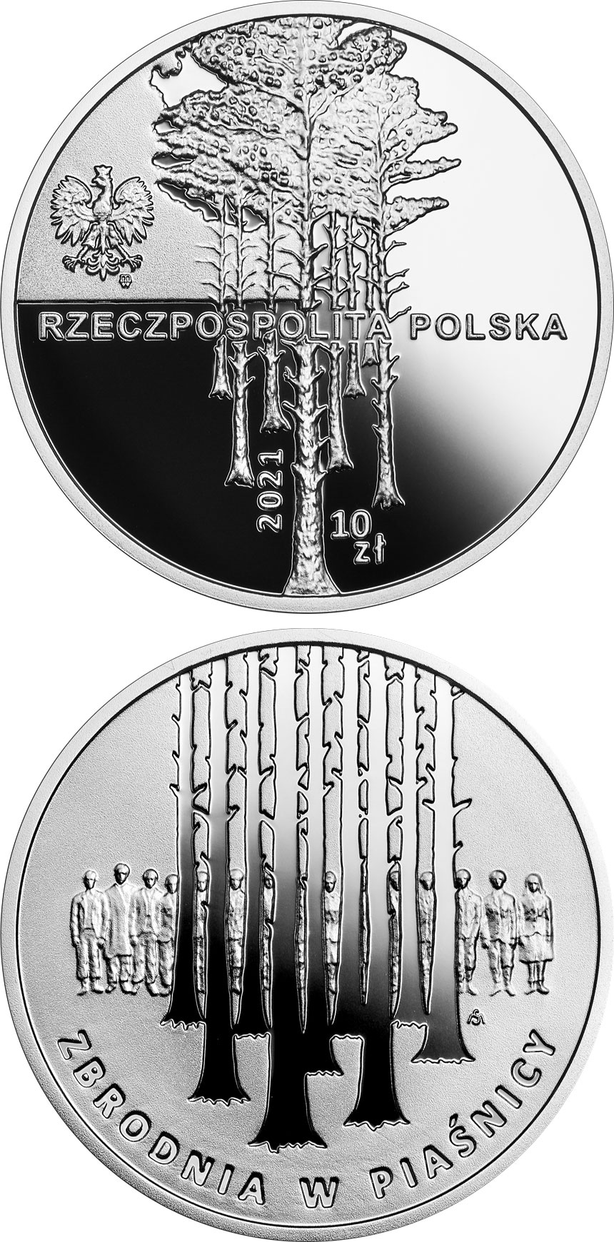 Image of 10 zloty coin - Massacres in Piaśnica | Poland 2021.  The Silver coin is of Proof quality.