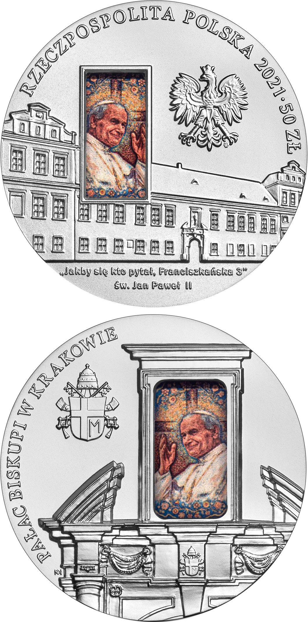 Image of 50 zloty coin - The Bishop's Palace in Kraków  | Poland 2021.  The Silver coin is of BU quality.
