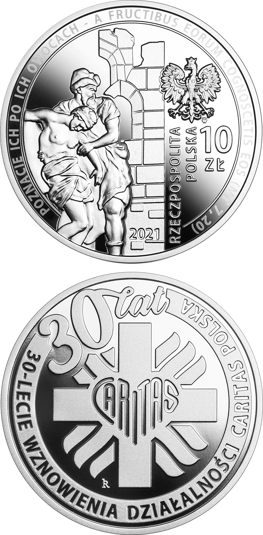 Image of 10 zloty coin - 30th Anniversary of the Reactivation of Caritas Poland | Poland 2021.  The Silver coin is of Proof quality.
