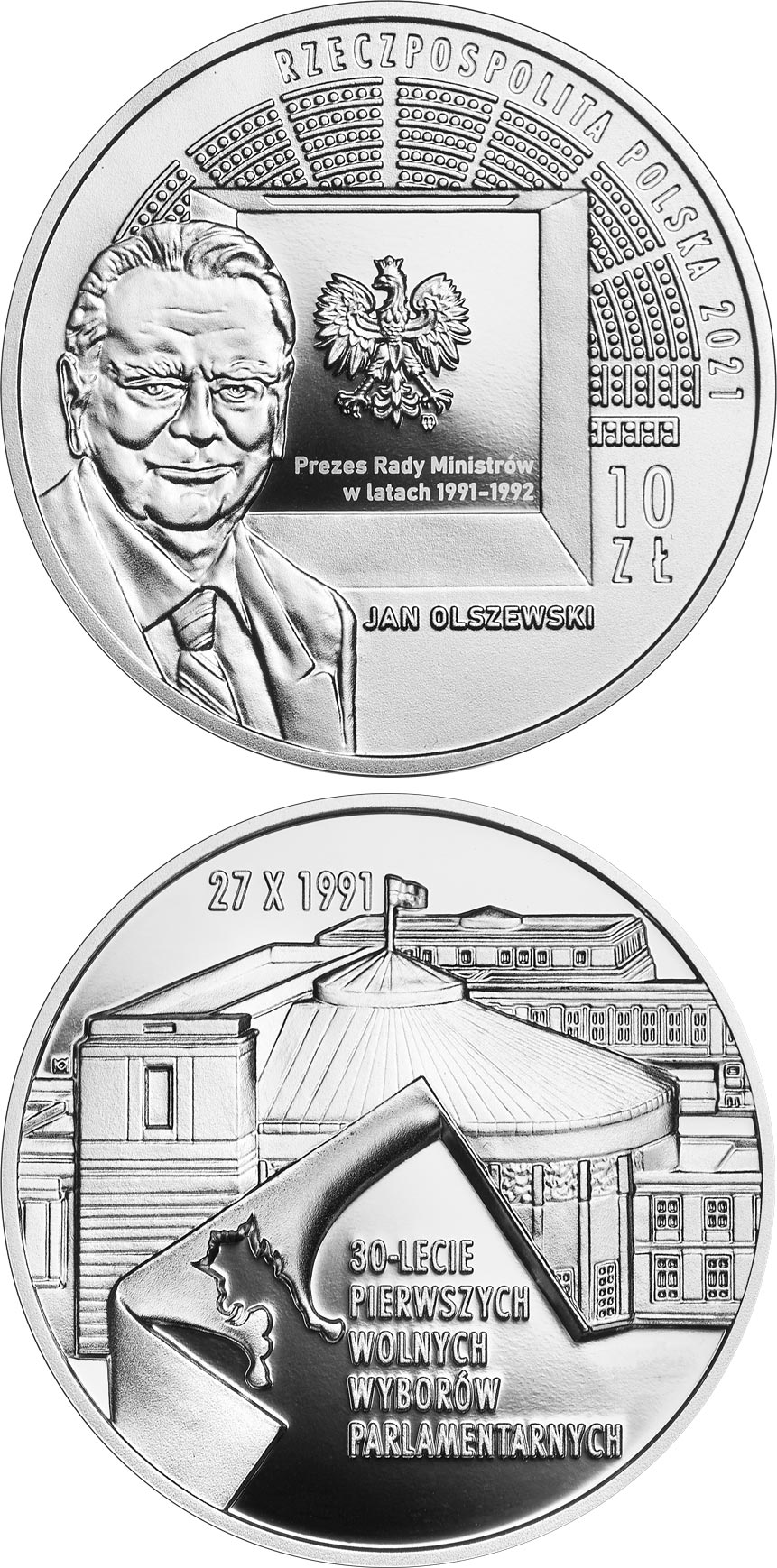 Image of 10 zloty coin - 30th Anniversary of the First Free Parliamentary Election | Poland 2021.  The Silver coin is of Proof quality.