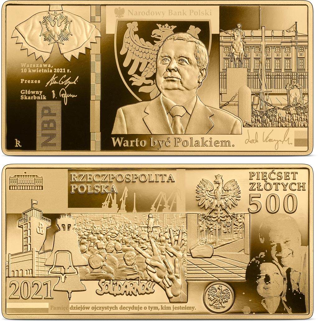 Image of 500 zloty coin - Lech Kaczyński. It is Worth Being a Pole | Poland 2021.  The Gold coin is of Proof quality.