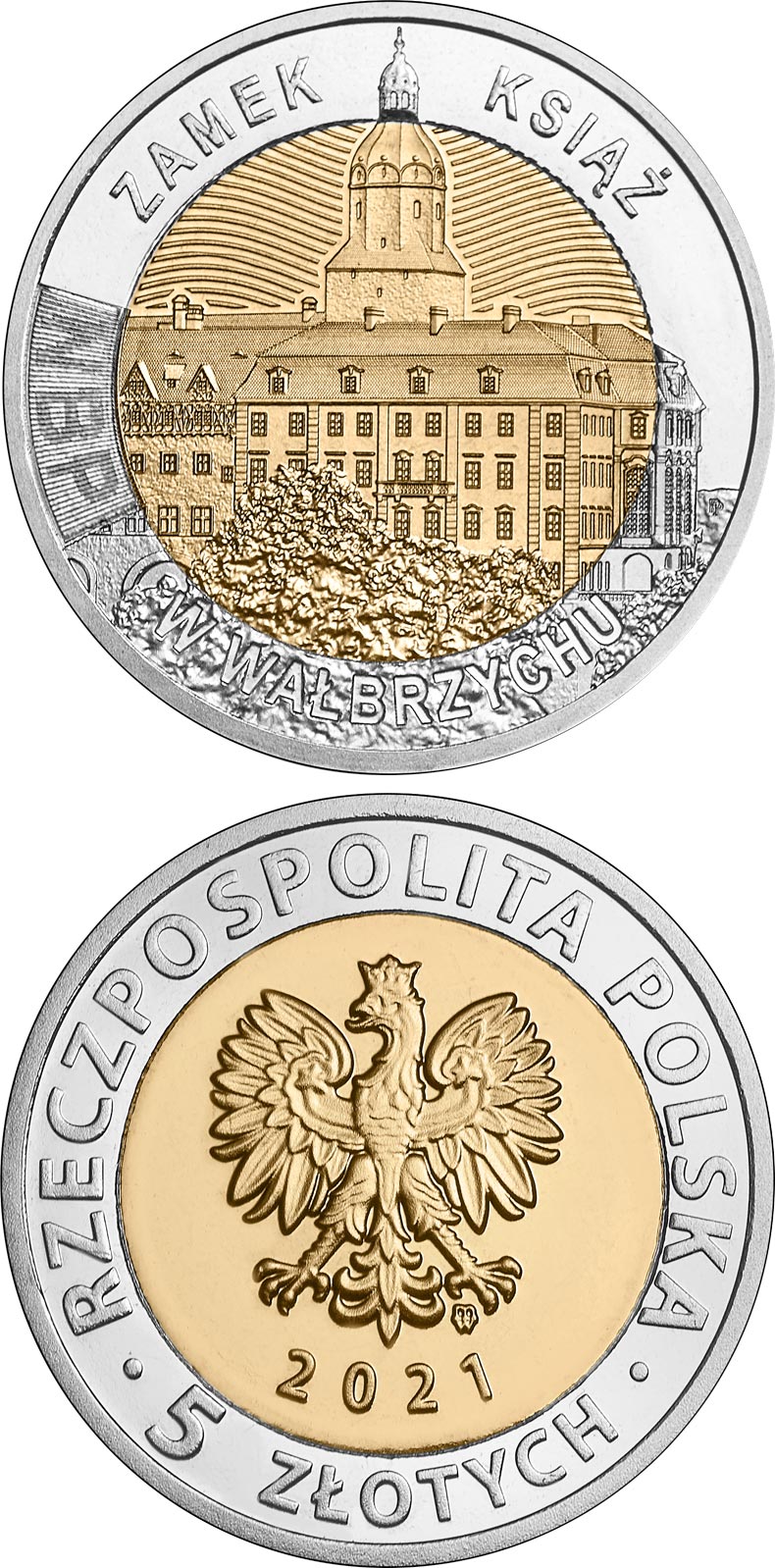 Image of 5 zloty coin - Książ Castle in Wałbrzych  | Poland 2021.  The Bimetal: CuNi, nordic gold coin is of UNC quality.
