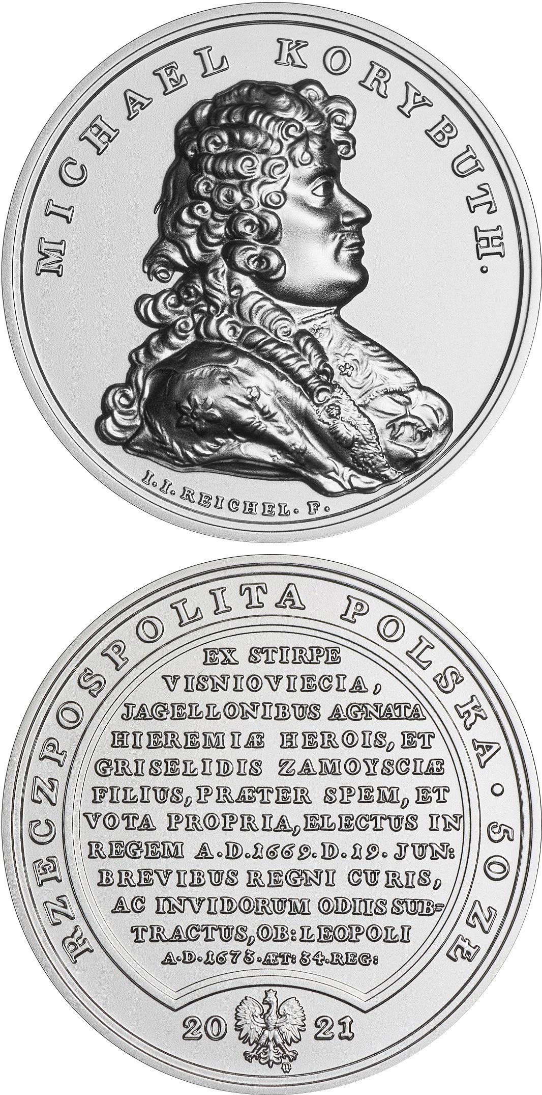 Image of 50 zloty coin - Michał Korybut Wiśniowiecki  | Poland 2021.  The Silver coin is of BU quality.