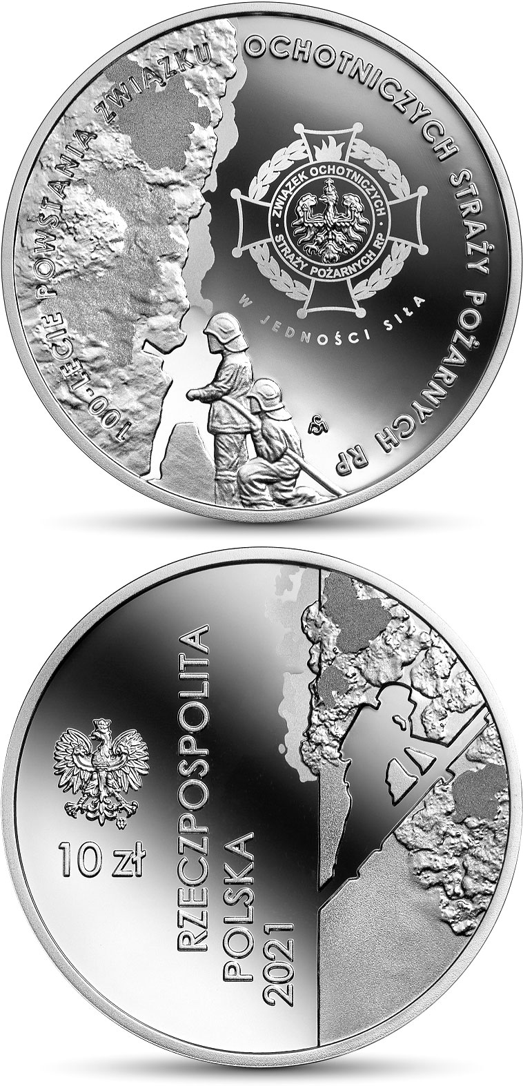 Image of 10 zloty coin - 100th Anniversary of the formation of the Polish Association of Volunteer Fire Brigades  | Poland 2021.  The Silver coin is of Proof quality.